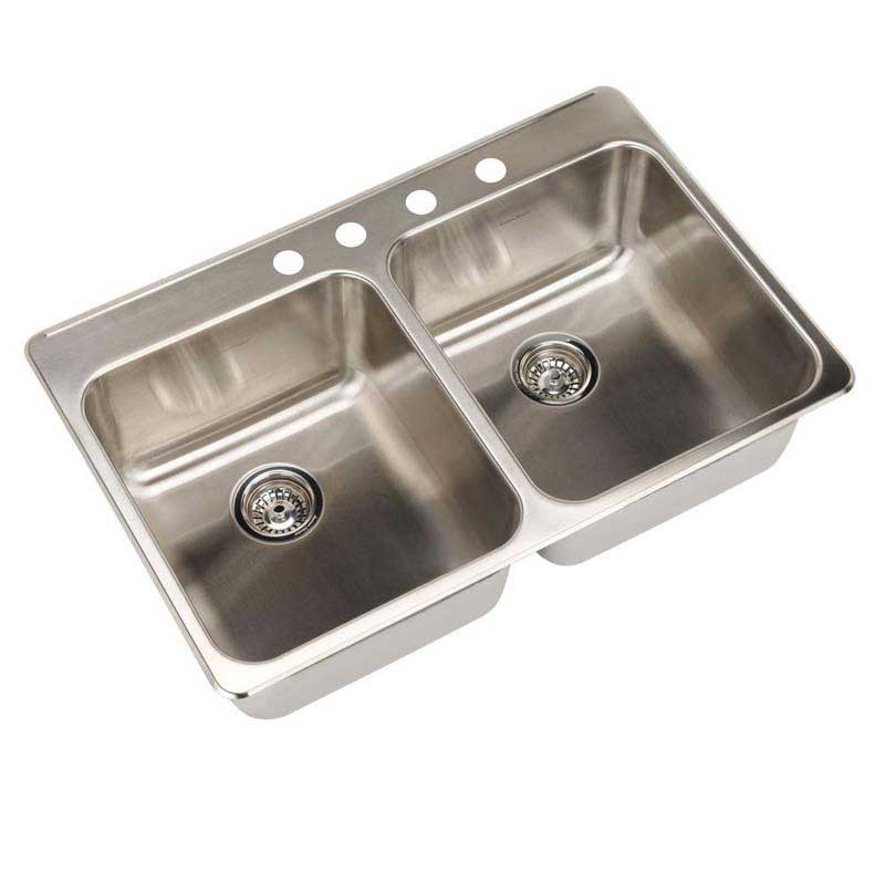 American Standard 15DB.332284.073 Prevoir Top Mount Brushed Stainless Steel 33.375" x 22" x 9" 4-Hole Double Bowl Kitchen Sink