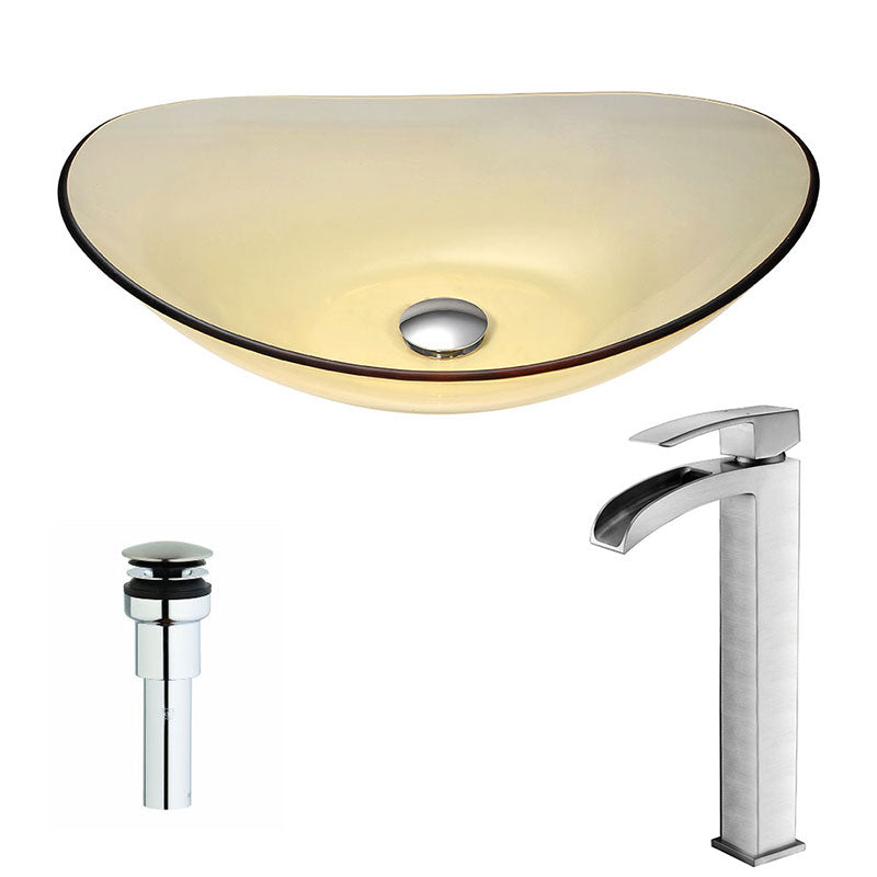 Anzzi Mesto Series Deco-Glass Vessel Sink in Lustrous Translucent Gold with Key Faucet in Brushed Nickel