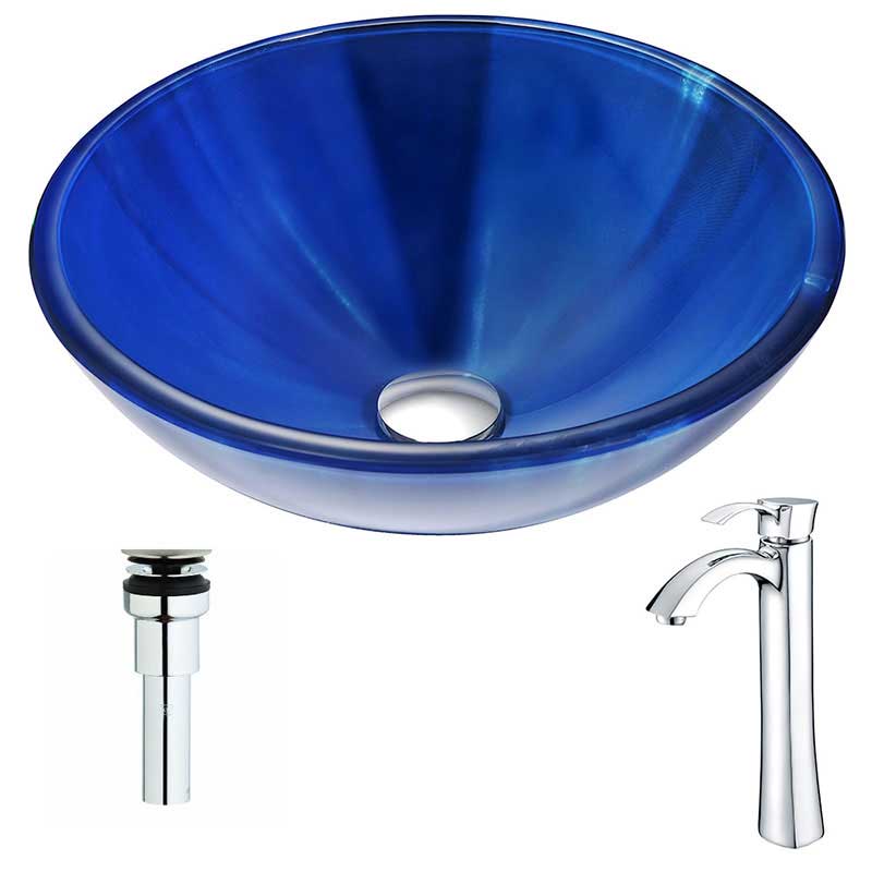 Anzzi Meno Series Deco-Glass Vessel Sink in Lustrous Blue with Harmony Faucet in Chrome