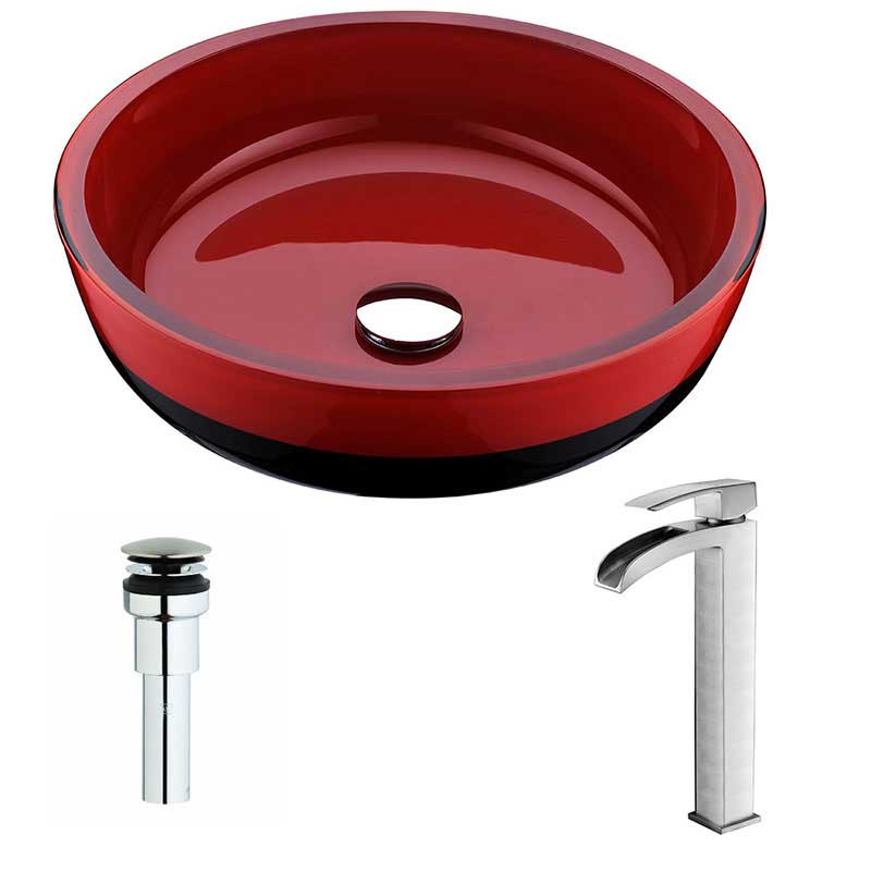 Anzzi Schnell Series Deco-Glass Vessel Sink in Lustrous Red and Black with Key Faucet in Brushed Nickel