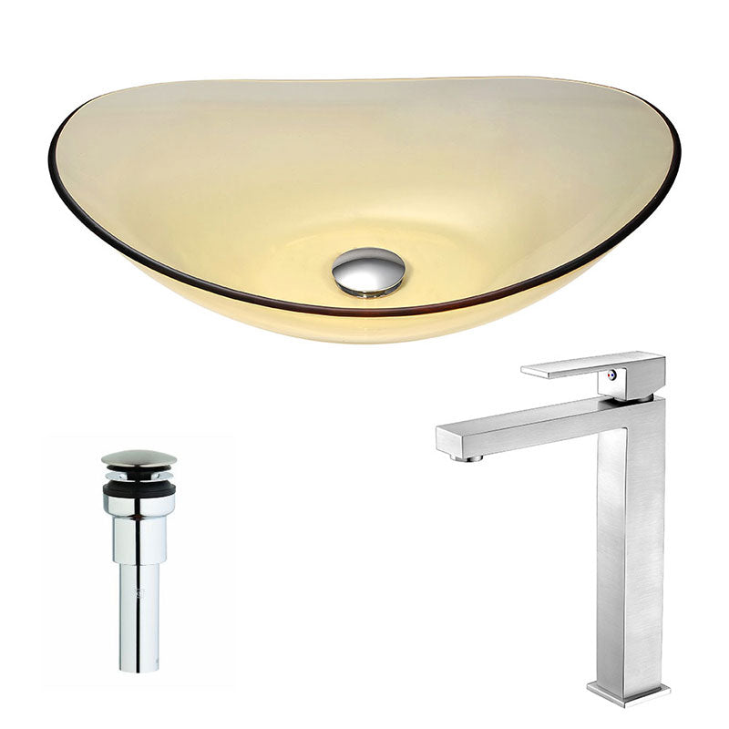 Anzzi Mesto Series Deco-Glass Vessel Sink in Lustrous Translucent Gold with Enti Faucet in Brushed Nickel
