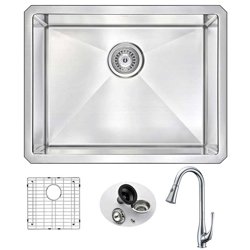 Anzzi VANGUARD Undermount Stainless Steel 23 in. Single Bowl Kitchen Sink and Faucet Set with Singer Faucet in Polished Chrome