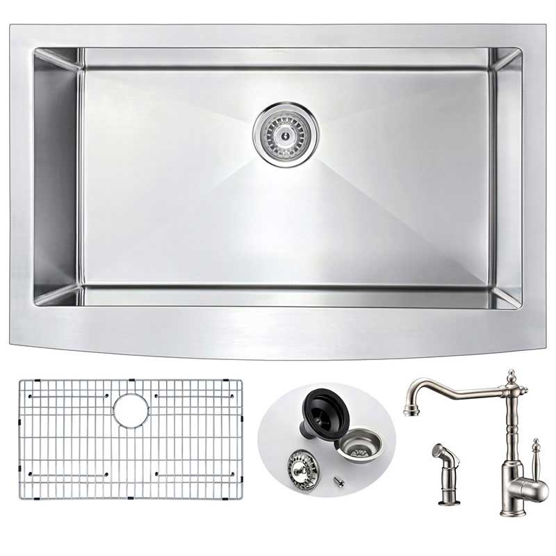 Anzzi ELYSIAN Farmhouse Stainless Steel 36 in. 0-Hole Kitchen Sink and Faucet Set with Locke Faucet in Brushed Nickel