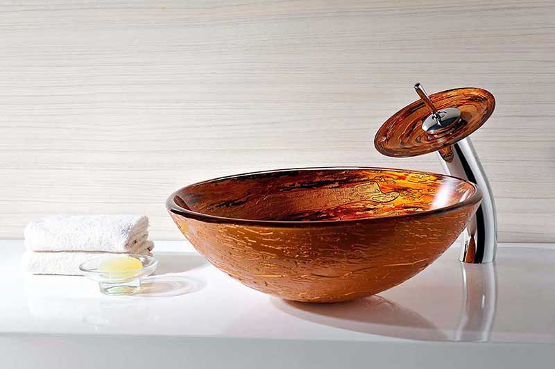 Anzzi Stanza Series Deco-Glass Vessel Sink in Lustrous Brown with Matching Chrome Waterfall Faucet 4