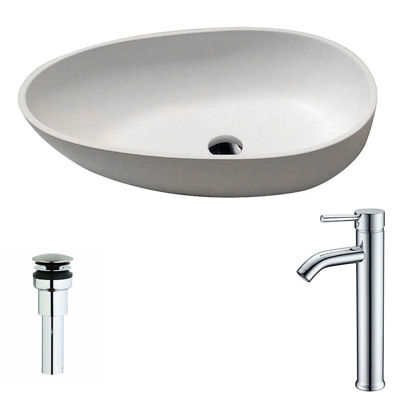 Anzzi Trident One Piece Man Made Stone Vessel Sink in Matte White with Fann Faucet in Chrome