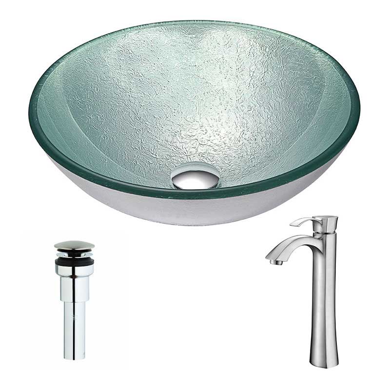 Anzzi Spirito Series Deco-Glass Vessel Sink in Churning Silver with Harmony Faucet in Brushed Nickel