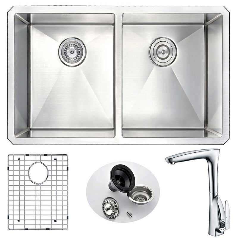 Anzzi VANGUARD Undermount Stainless Steel 32 in. Double Bowl Kitchen Sink and Faucet Set with Timbre Faucet in Polished Chrome