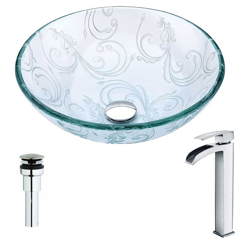 Anzzi Vieno Series Deco-Glass Vessel Sink in Crystal Clear Floral with Key Faucet in Polished Chrome