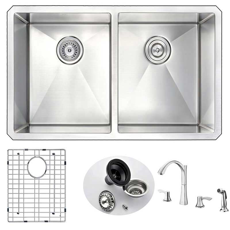 Anzzi VANGUARD Undermount Stainless Steel 32 in. Double Bowl Kitchen Sink and Faucet Set with Soave Faucet in Brushed Nickel