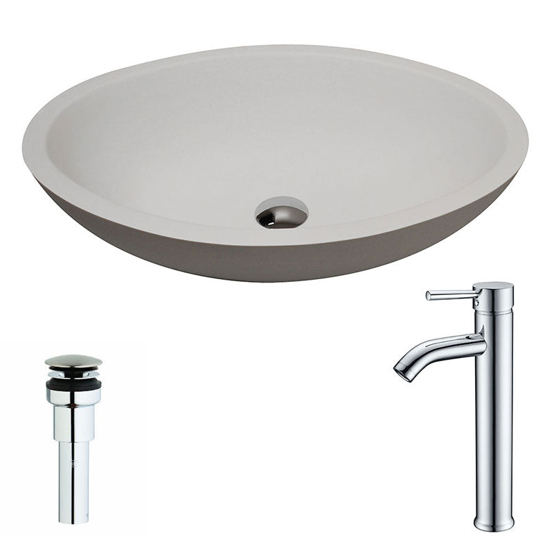 Anzzi Maine One Piece Man Made Stone Vessel Sink in Matte White with Fann Faucet in Chrome