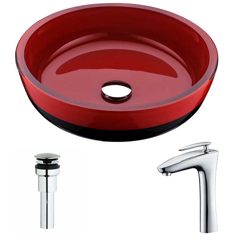Anzzi Schnell Series Deco-Glass Vessel Sink in Lustrous Red and Black with Crown Faucet in Chrome
