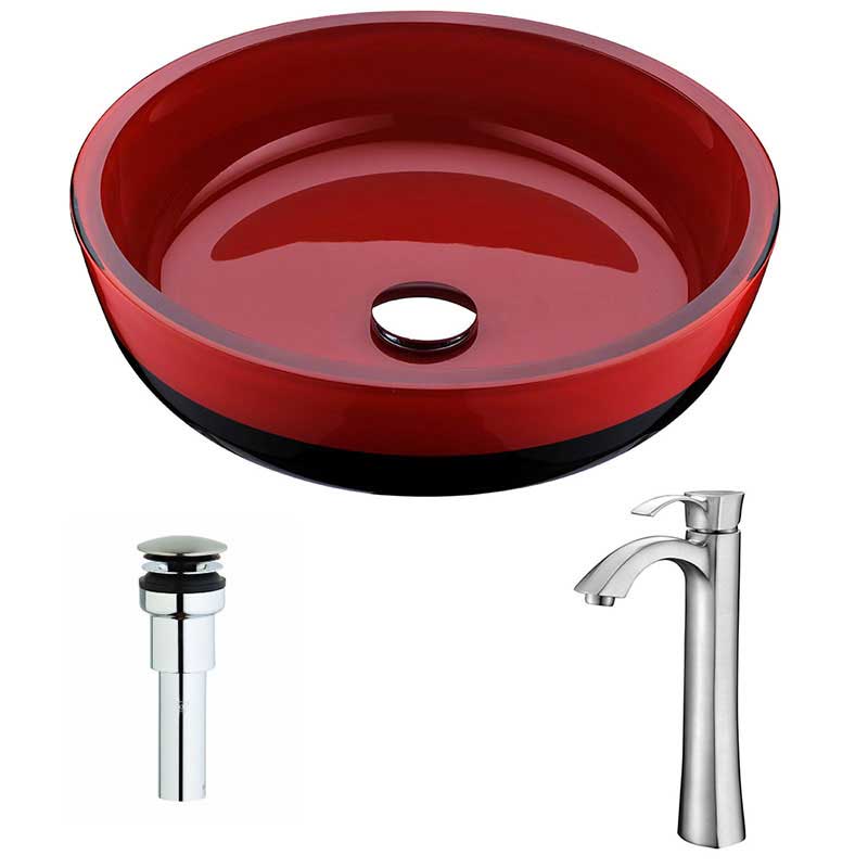 Anzzi Schnell Series Deco-Glass Vessel Sink in Lustrous Red and Black with Harmony Faucet in Brushed Nickel