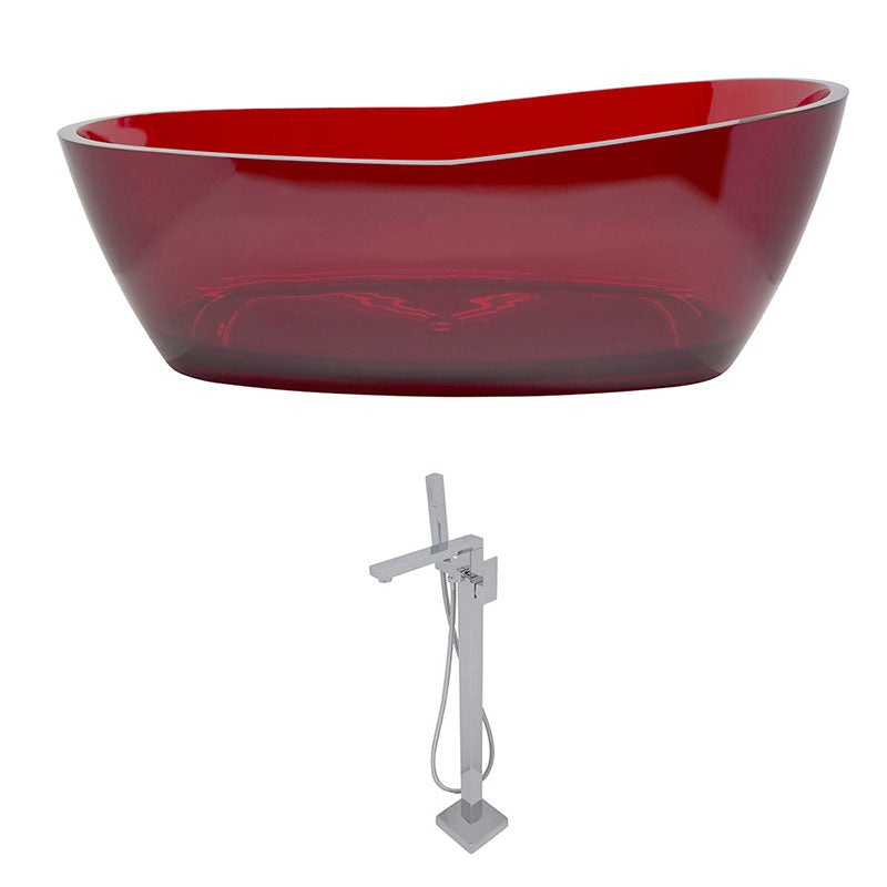 Anzzi Ember 5.4 ft. Man-Made Stone Freestanding Non-Whirlpool Bathtub in Deep Red and Dawn Series Faucet in Chrome