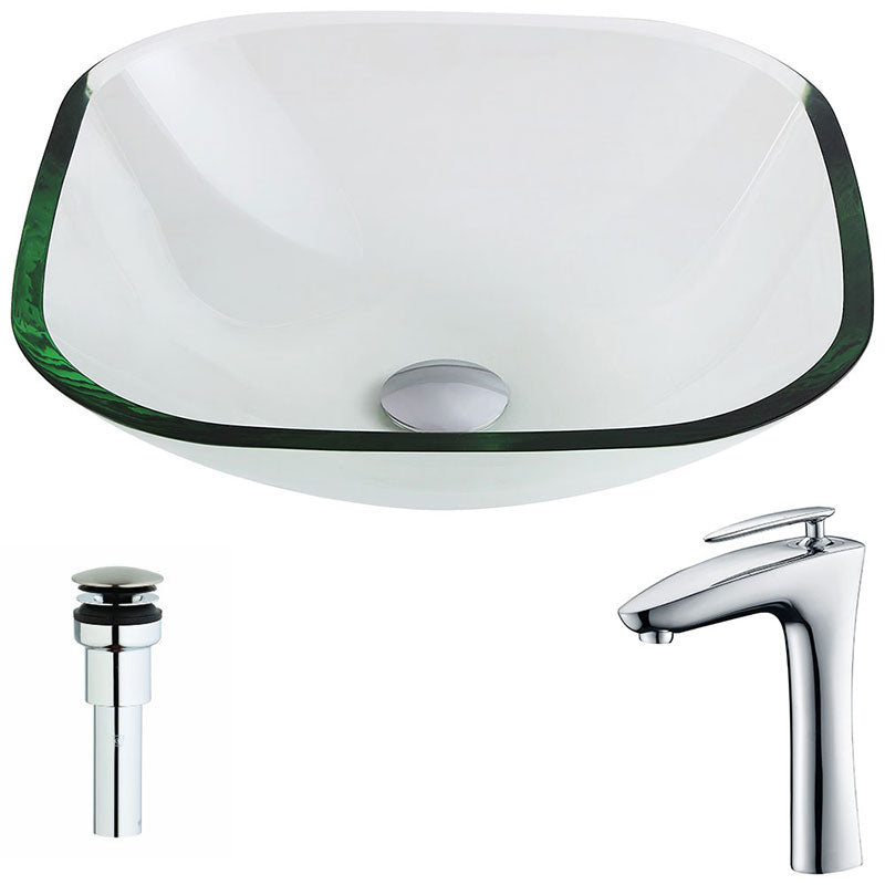 Anzzi Cadenza Series Deco-Glass Vessel Sink in Lustrous Clear Finish with Crown Faucet in Chrome