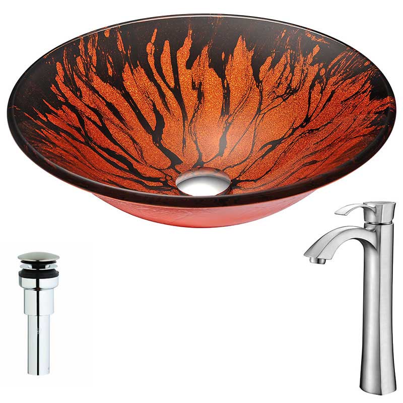 Anzzi Forte Series Deco-Glass Vessel Sink in Lustrous Red and Black with Harmony Faucet in Brushed Nickel