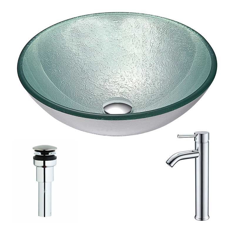 Anzzi Spirito Series Deco-Glass Vessel Sink in Churning Silver with Fann Faucet in Brushed Nickel