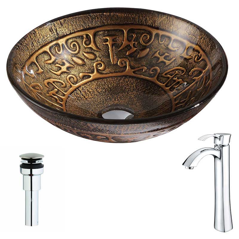 Anzzi Alto Series Deco-Glass Vessel Sink in Lustrous Brown with Harmony Faucet in Polished Chrome