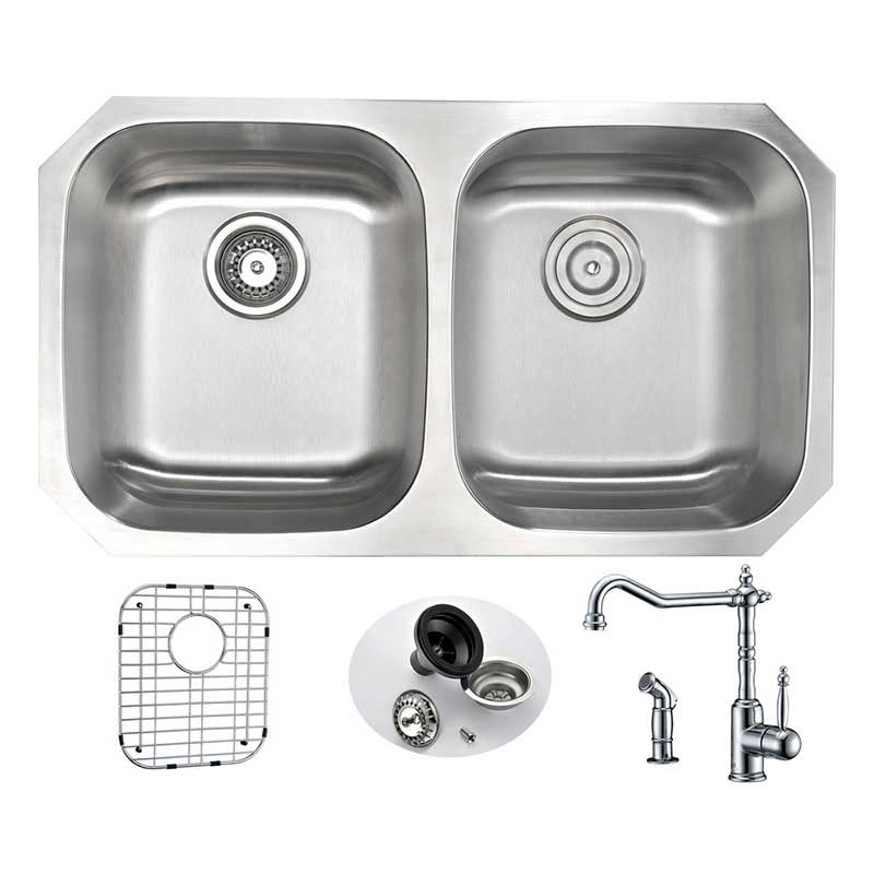 Anzzi MOORE Undermount Stainless Steel 32 in. Double Bowl Kitchen Sink and Faucet Set with Locke Faucet in Polished Chrome
