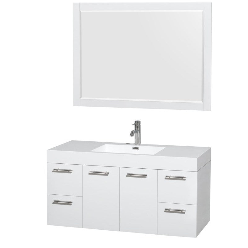 Wyndham Collection Amare 48" Single Bathroom Vanity in Glossy White, Acrylic Resin Countertop, Integrated Sink, and 46" Mirror WCR410048SGWARINTM46