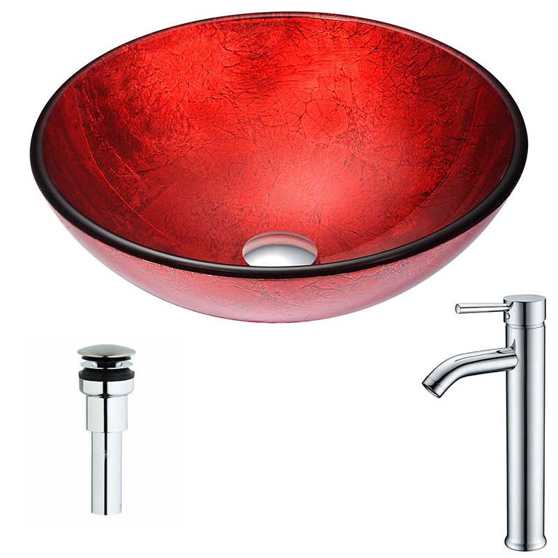 Anzzi Crown Series Deco-Glass Vessel Sink in Lustrous Red with Fann Faucet in Chrome