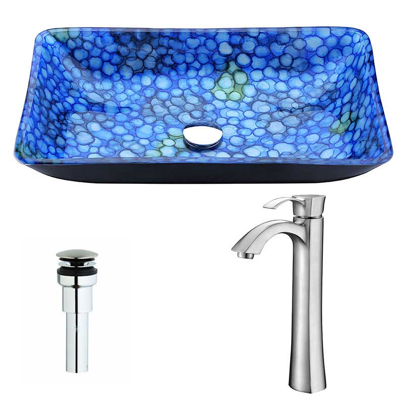 Anzzi Assai Series Deco-Glass Vessel Sink in Lustrous Blue with Harmony Faucet in Brushed Nickel