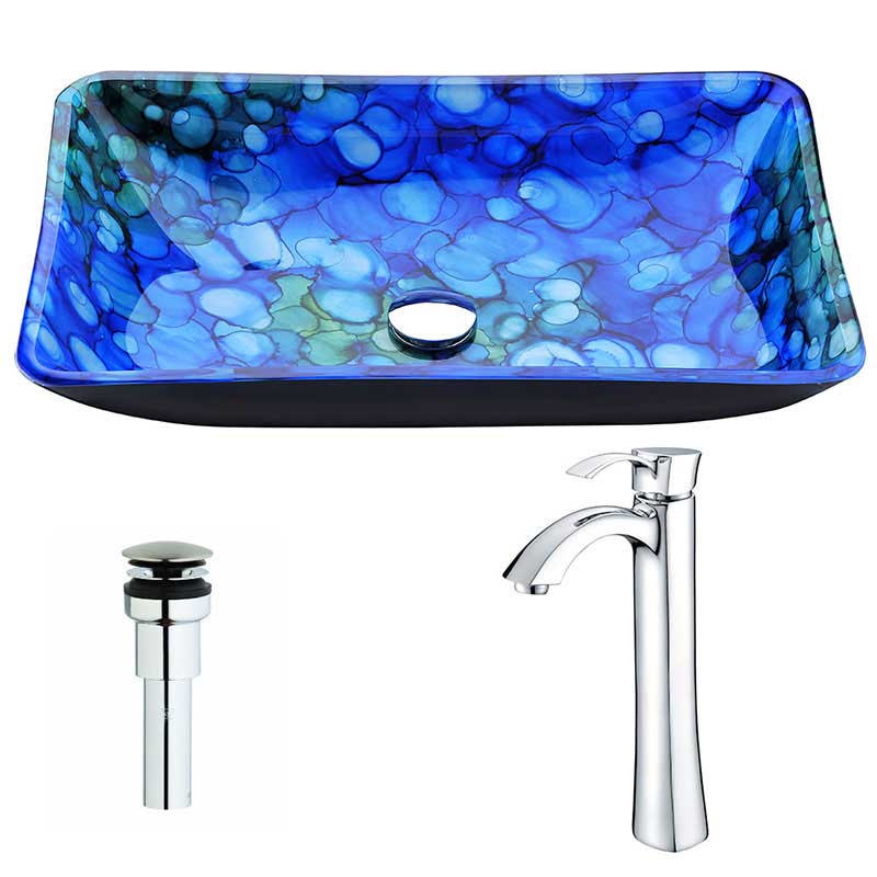 Anzzi Voce Series Deco-Glass Vessel Sink in Lustrous Blue with Harmony Faucet in Chrome