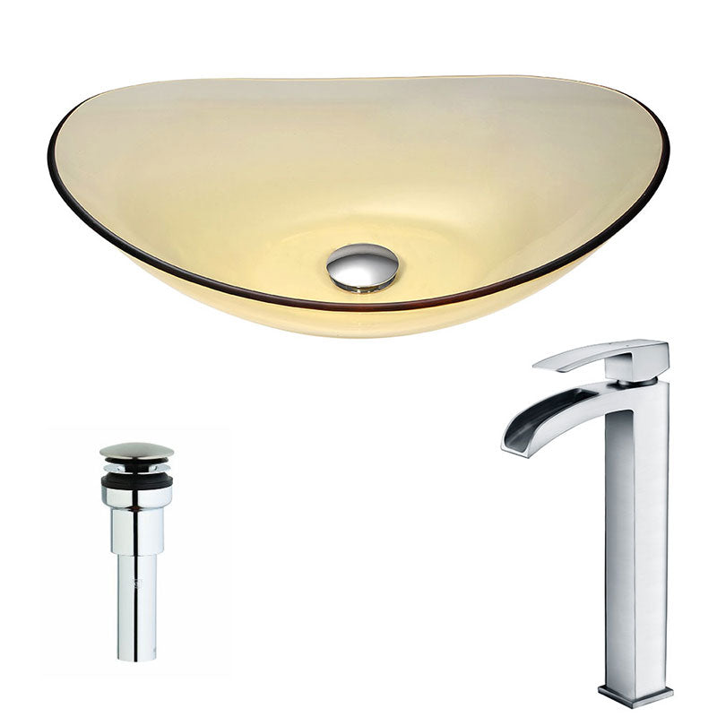 Anzzi Mesto Series Deco-Glass Vessel Sink in Lustrous Translucent Gold with Key Faucet in Polished Chrome