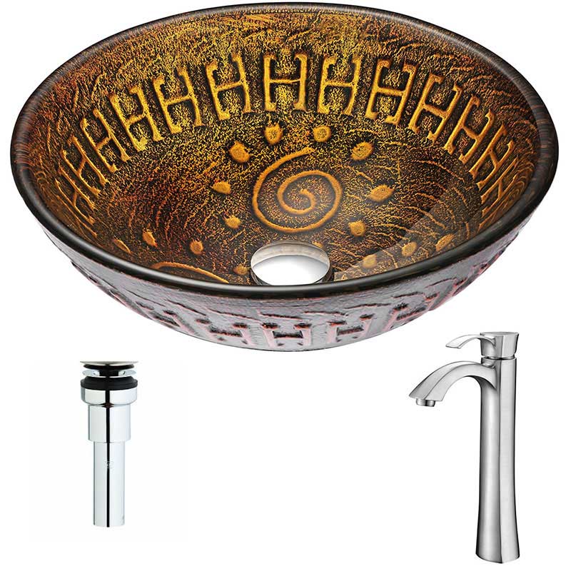 Anzzi Opus Series Deco-Glass Vessel Sink in Lustrous Brown with Harmony Faucet in Brushed Nickel