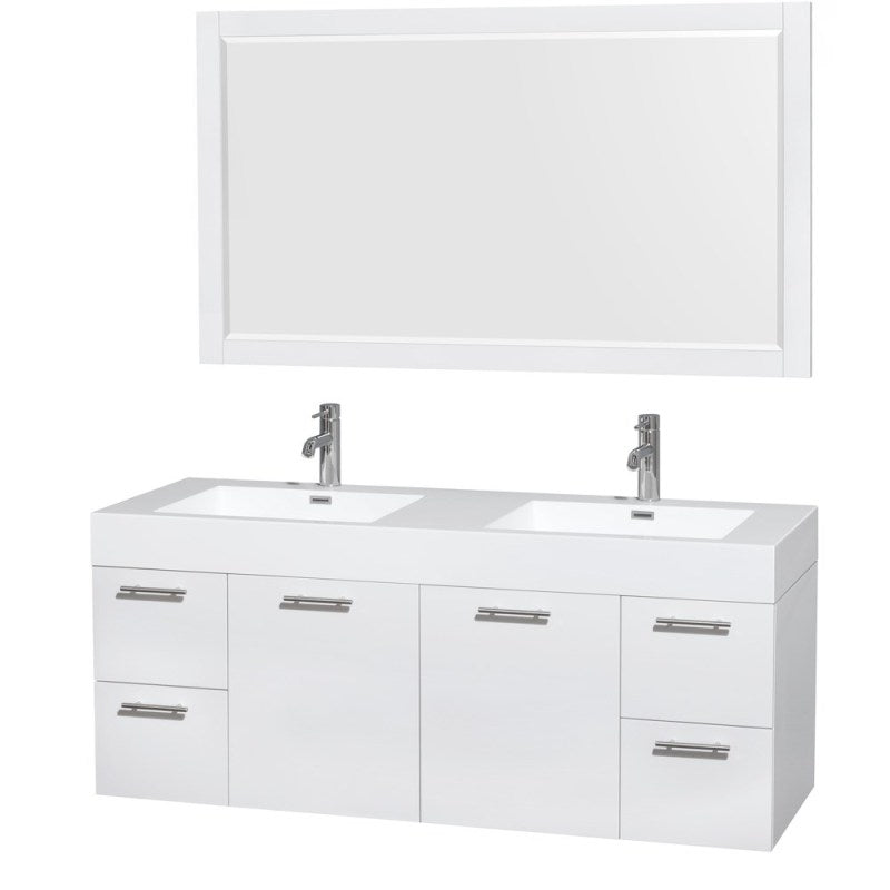 Wyndham Collection Amare 60" Double Bathroom Vanity in Glossy White, Acrylic Resin Countertop, Integrated Sinks, and 58" Mirror WCR410060DGWARINTM58