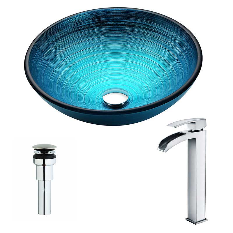 Anzzi Enti Series Deco-Glass Vessel Sink in Lustrous Blue with Key Faucet in Polished Chrome