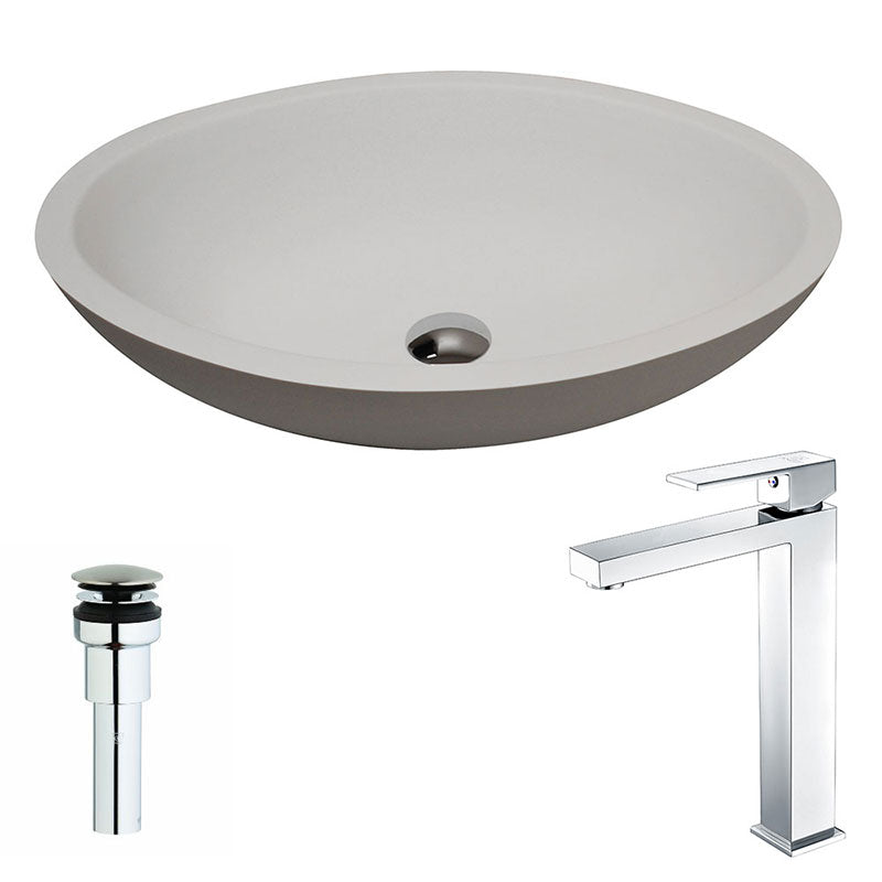 Anzzi Maine Series 1-Piece Man Made Stone Vessel Sink in Matte White with Enti Faucet in Polished Chrome