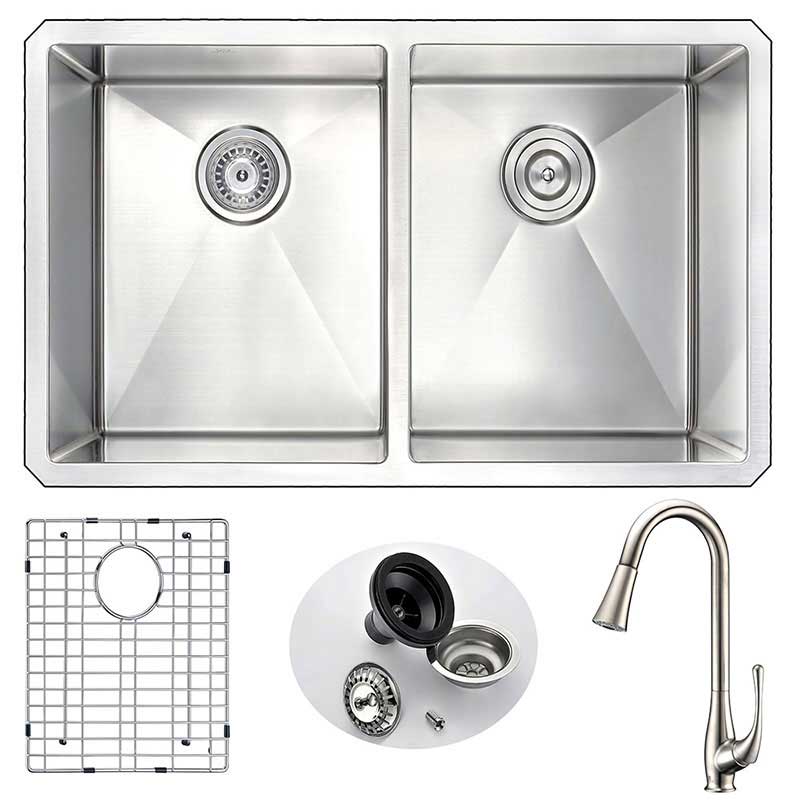 Anzzi VANGUARD Undermount Stainless Steel 32 in. Double Bowl Kitchen Sink and Faucet Set with Singer Faucet in Brushed Nickel