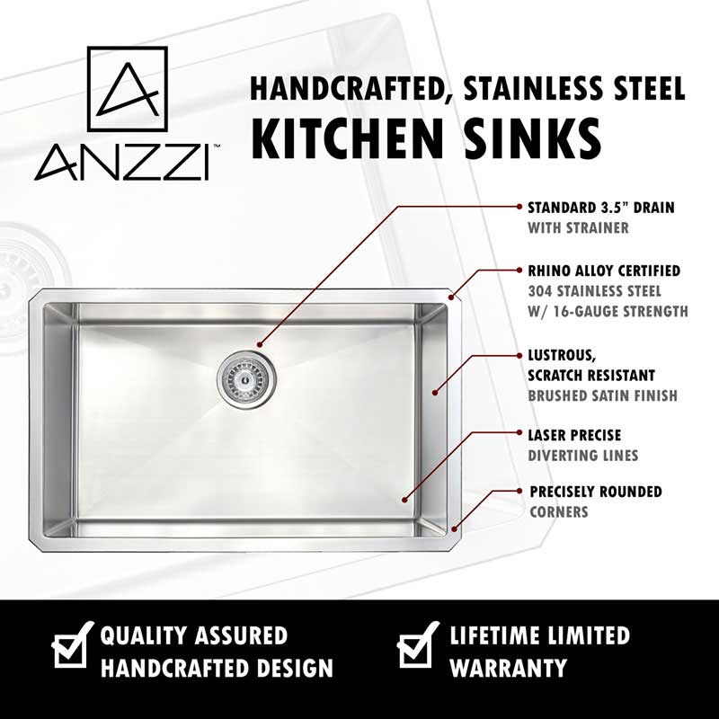 Anzzi VANGUARD Series 32 in. Under Mount Single Basin Handmade Stainless Steel Kitchen Sink 6