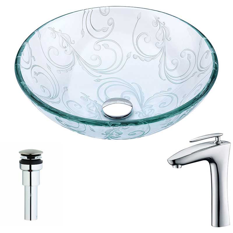 Anzzi Vieno Series Deco-Glass Vessel Sink in Crystal Clear Floral with Crown Faucet in Chrome