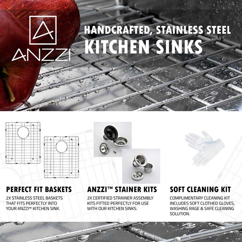 Anzzi VANGUARD Undermount Stainless Steel 32 in. Double Bowl Kitchen Sink and Faucet Set with Singer Faucet in Brushed Nickel 7