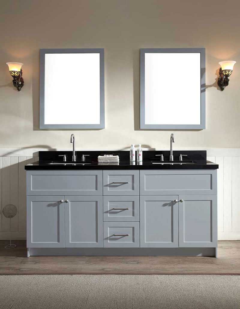 Ariel Hamlet 73" Double Sink Vanity Set with Absolute Black Granite Countertop in Grey