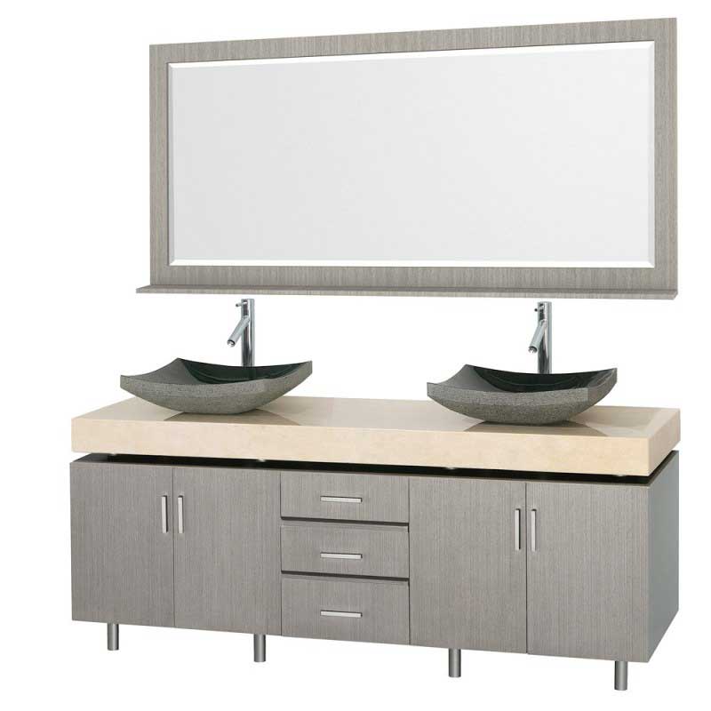 Wyndham Collection Malibu 72" Double Bathroom Vanity Set - Gray Oak Finish with Ivory Marble Counter and Handles WC-CG3000H-72-GROAK-IVO