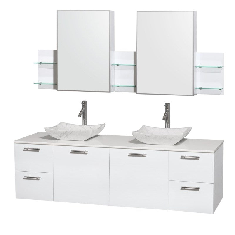 Wyndham Collection Amare 72" Wall-Mounted Double Bathroom Vanity Set with Vessel Sinks - Glossy White WC-R4100-72-WHT-DBL