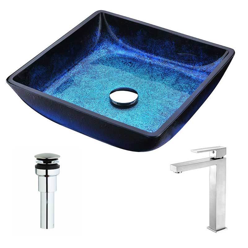 Anzzi Viace Series Deco-Glass Vessel Sink in Blazing Blue with Enti Faucet in Brushed Nickel