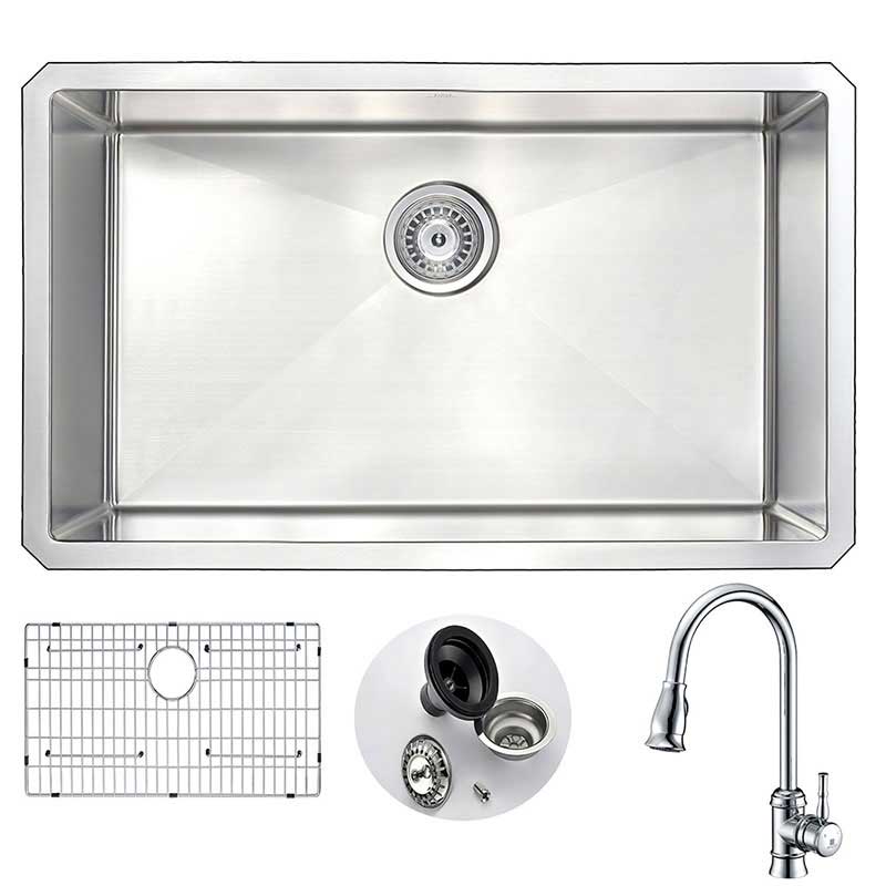 Anzzi VANGUARD Undermount Stainless Steel 30 in. Single Bowl Kitchen Sink and Faucet Set with Sails Faucet in Polished Chrome