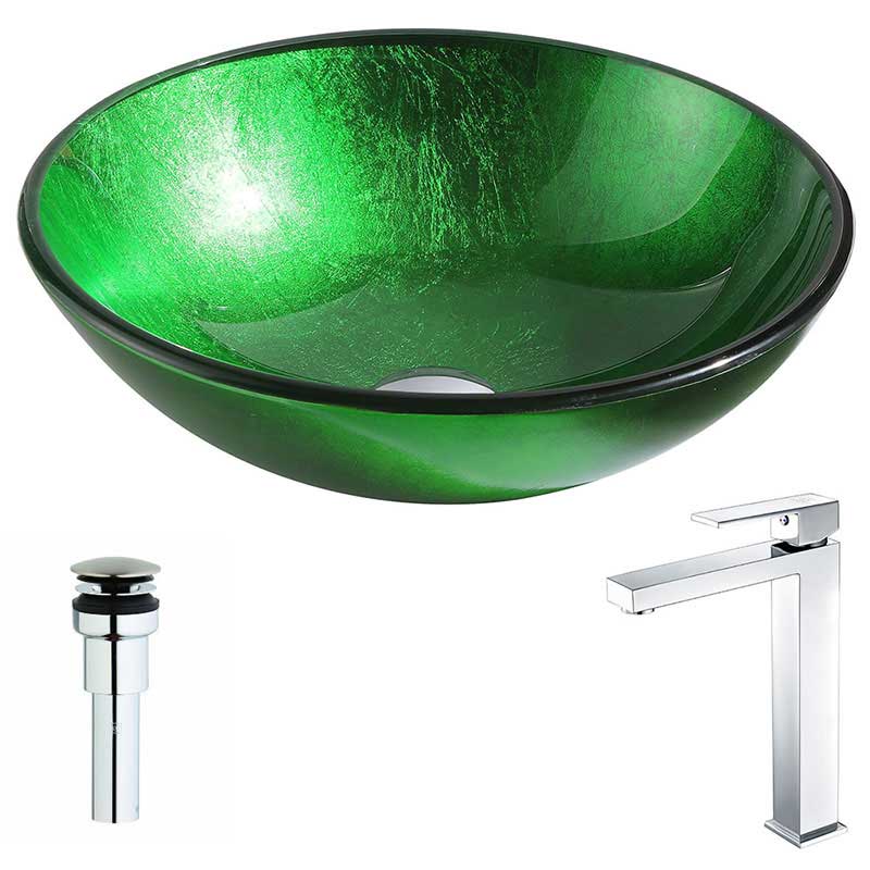 Anzzi Melody Series Deco-Glass Vessel Sink in Lustrous Green with Enti Faucet in Polished Chrome