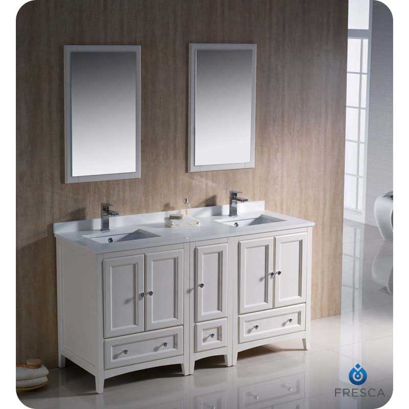 Fresca FVN20-241224AW Oxford 60" Antique White Traditional Double Sink Bathroom Vanity with Side Cabinet