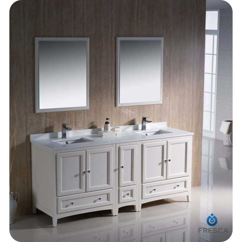 Fresca FVN20-301230AW Oxford 72" Antique White Traditional Double Sink Bathroom Vanity with Side Cabinet