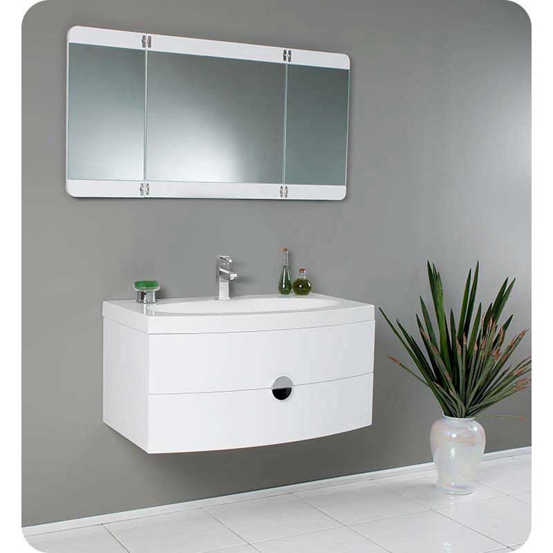 Fresca FVN5092PW Energia White Modern Bathroom Vanity with Three Panel Folding Mirror