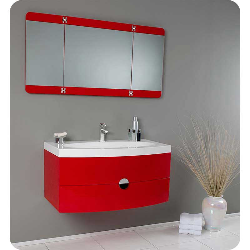 Fresca FVN5092RD Energia Red Modern Bathroom Vanity with Three Panel Folding Mirror