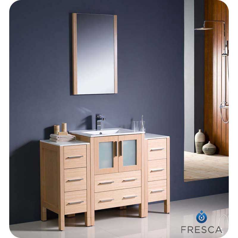 Fresca FVN62-122412LO-UNS Torino 48" Light Oak Modern Bathroom Vanity with 2 Side Cabinets & Integrated Sink