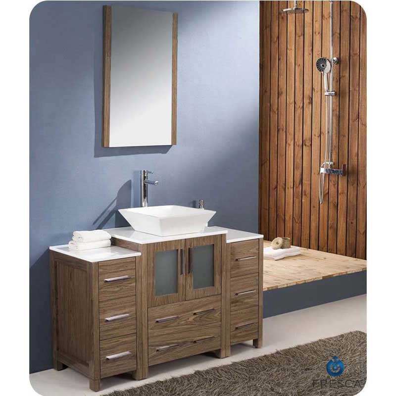 Fresca FVN62-122412WB-VSL Torino 48" Walnut Brown Modern Bathroom Vanity with 2 Side Cabinets & Vessel Sink