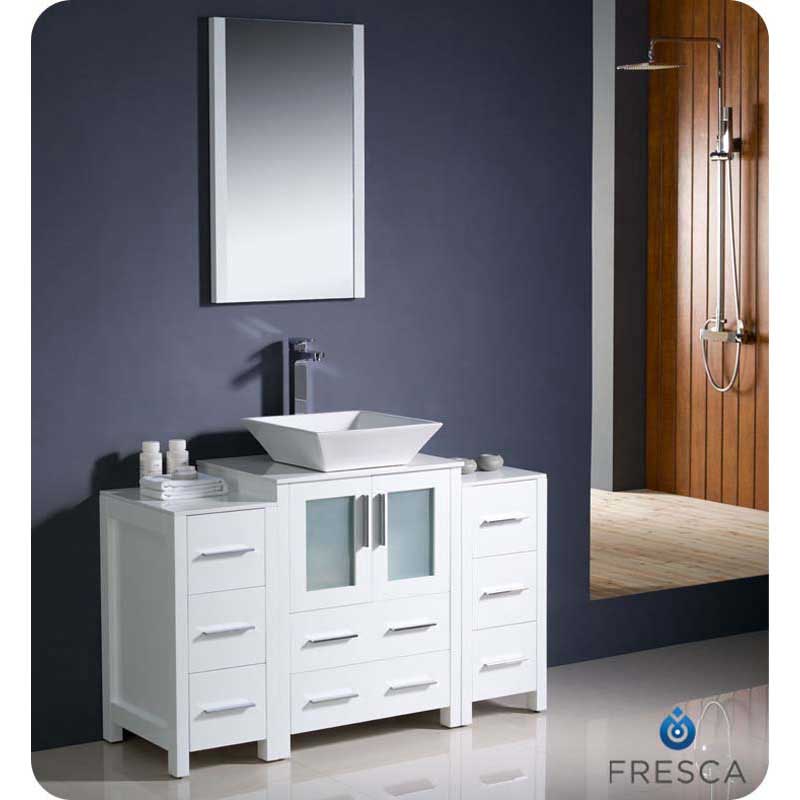 Fresca FVN62-122412WH-VSL Torino 48" White Modern Bathroom Vanity with 2 Side Cabinets & Vessel Sink