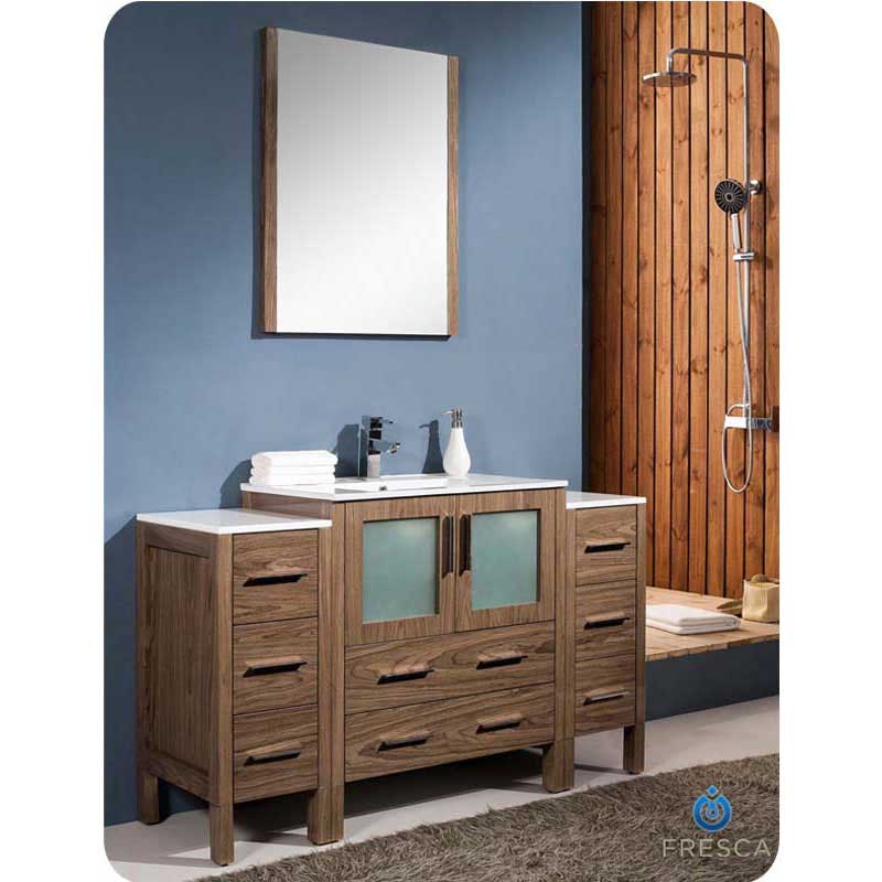 Fresca FVN62-123012WB-UNS Torino 54" Walnut Brown Modern Bathroom Vanity with 2 Side Cabinets & Integrated Sink