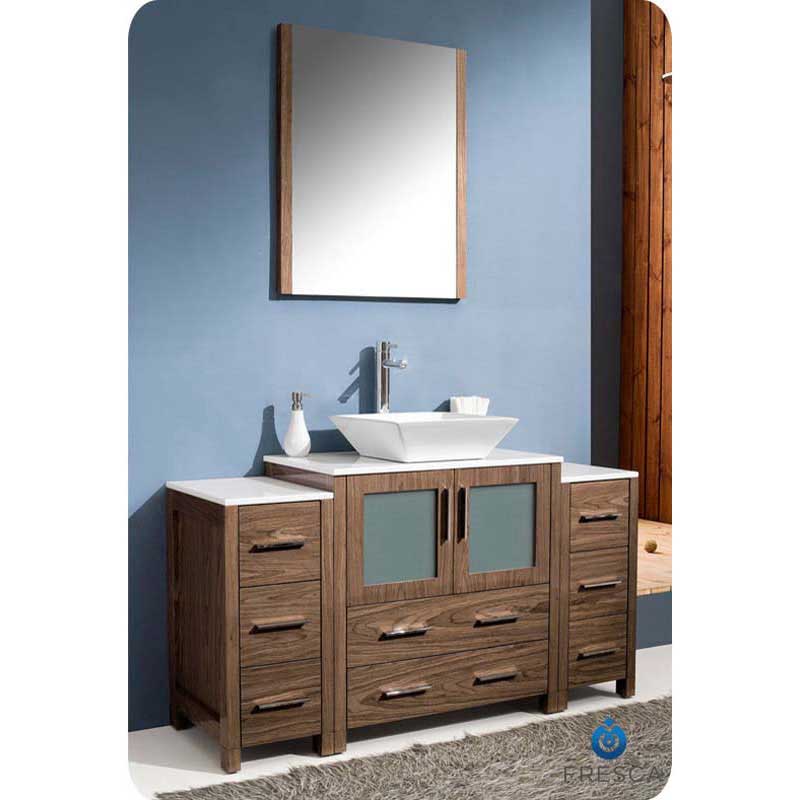 Fresca FVN62-123012WB-VSL Torino 54" Walnut Brown Modern Bathroom Vanity with 2 Side Cabinets & Vessel Sink